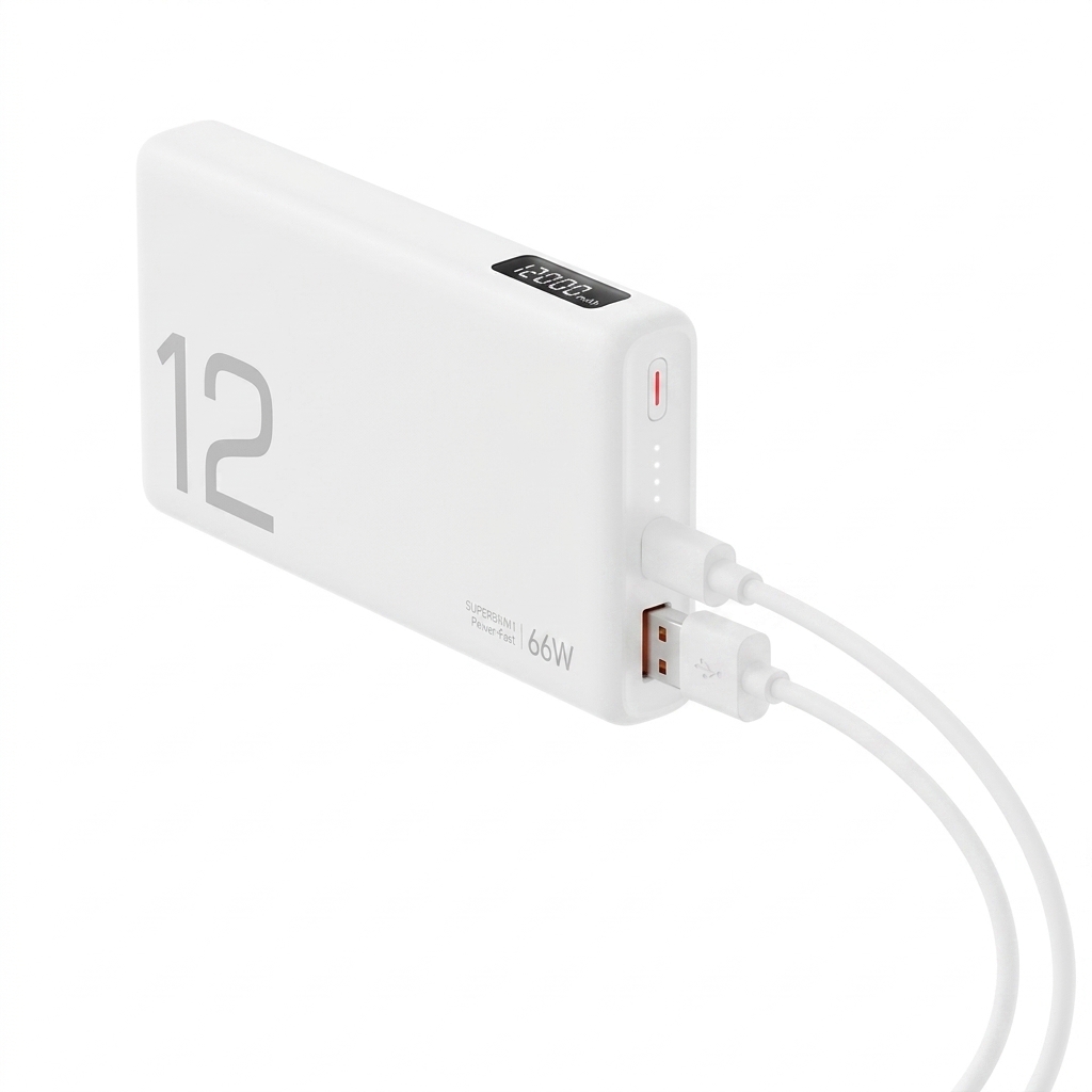 HONOR CHOICE 12000mAh 66W SuperCharge Power Bank in white finish showing USB-A and USB-C dual output ports alongside smart LED power indicators.