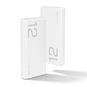 HONOR CHOICE 12000mAh 66W SuperCharge Power Bank in white finish showing USB-A and USB-C dual output ports alongside smart LED power indicators.
