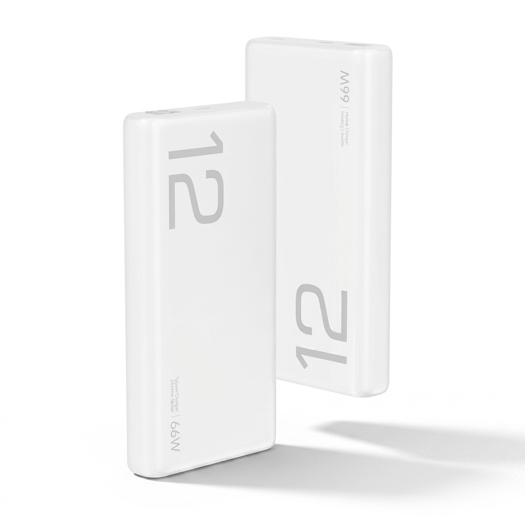 HONOR CHOICE 12000mAh 66W SuperCharge Power Bank in white finish showing USB-A and USB-C dual output ports alongside smart LED power indicators.