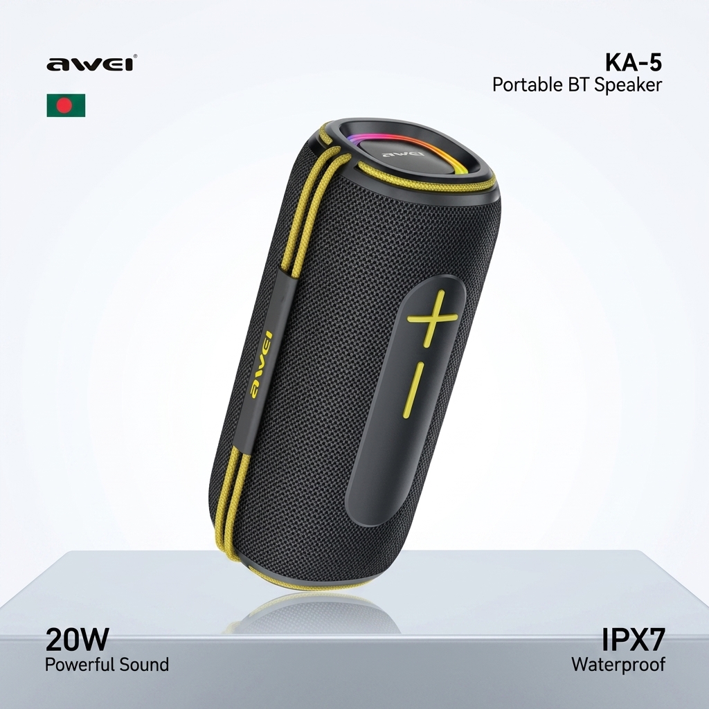 Awei KA5 20W portable wireless bluetooth speaker front view with yellow accents